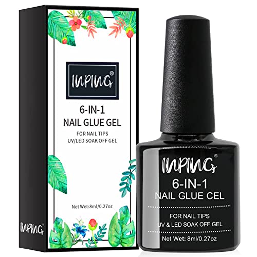 INPING Nail Glue, 6-In-1 Gel Nail Glue for Acrylic Nails Tips Extra Strong Nail False Nail Glue Artificial Bond Glue for Stick On Nails/Base Coat