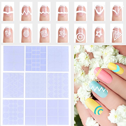 1275 pieces, 49 nail art designs, stencils, French tip guides, stickers, form fringe guides, vinyl, 36 sheets