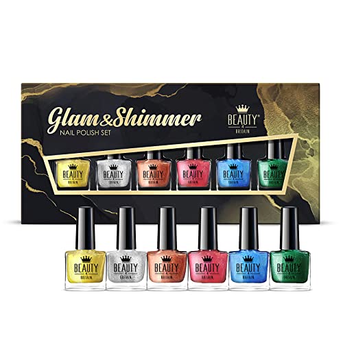 Beauty4Britain Glam & Shimmer Nail Polish Set - 6 Stunning Shades for Vibrant, Shiny Nails - Long-Lasting Formula, 10 ml Each