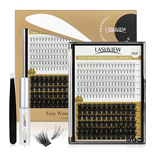 LASHVIEW DIY Lash Extension, Cluster Lashes,Soft and Lightweight, 0.10mm 56D 9-14mm Mixed Reusable Wide Band Lash Cluster at Home