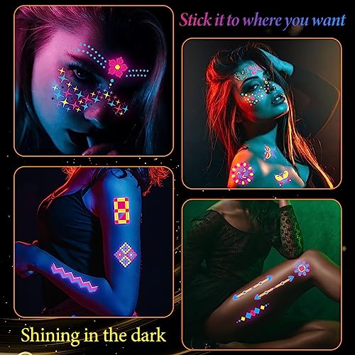 Scettar 15 Sheets Neon Temporary Tattoo, 200+UV Blacklight Neon Glow Fake Tattoos Multiple Designs Glow in the Dark Neon Tattoos Rave Festival Ac