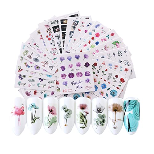 Cyalean Nail Art Stickers, 24 Sheets Water Transfers DIY Art Nail Stickers Self Adhesive Colorful Flowers Watermark Nail Sticker for Women Girls