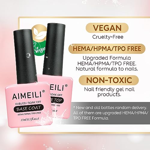 AIMEILI Base and Top Coat Gel Nail Polish Soak Off UV LED Gel Polish No Wipe Top Coat and Base Coat 15ml