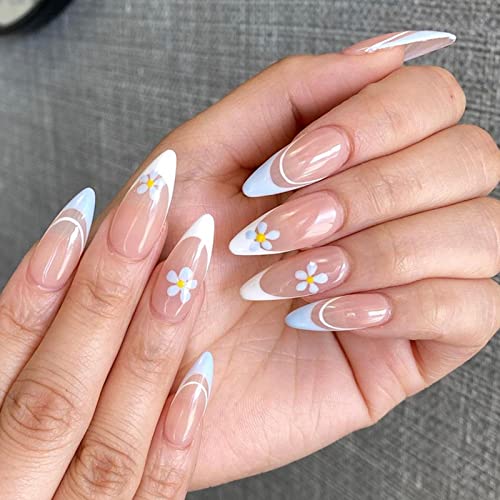JUSTOTRY 24 Pcs Stiletto False Nails Medium with Jewels,Beige French Press on Nails Pattern,Fake Nails Short with Nail Glue,Almond Stick on Nails