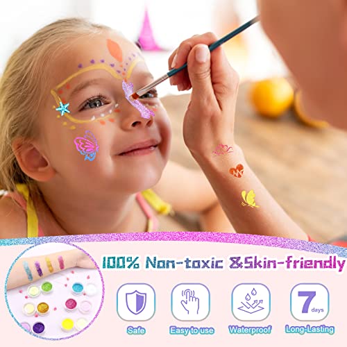 Glitter Tattoos for Kids, Temporary Tattoo Kit - 36 Colours Glitter, 182 Stencils, 6 Fluorescent, 215 Rhinestones, Skin Friendly Flash Make Up fo
