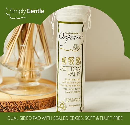 Simply Gentle Organic Cotton Pads – Dual sided - Sealed Edges - Low Lint - 100% Organic Cotton Wool – 100 Count (Pack of 6)