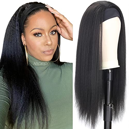 iShine Headband Wigs for Women Long Yaki Straight Headband Wigs for Black Women Afro Kinky Headband Synthetic Wig Glueless Headband Wigs with Bla