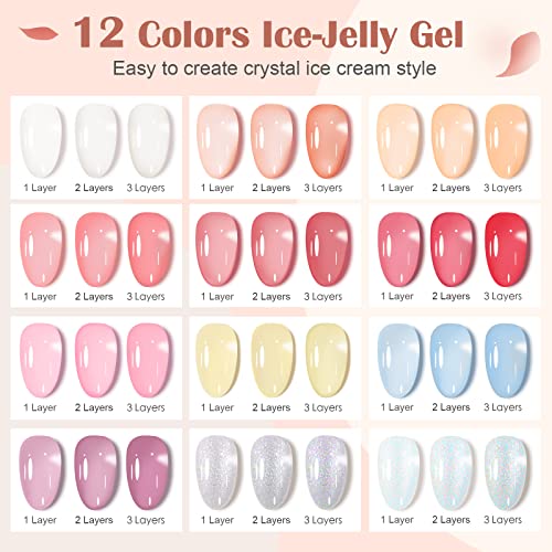 Kredioo Jelly Gel Nail Polish Set, 12Pcs 5ML Jelly Gel Polish Sheer Milky White Pink Nude Blue Purple Yellow Glitter Translucent Gel Polish UV Na