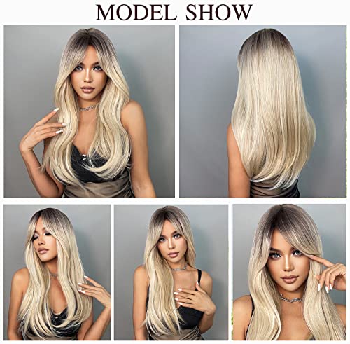 Esmee 24 Inches Long Straight Blonde Wig with Bangs Side Parting Natural Synthetic Hair Ombre Wigs for Women with Dark Roots for Daily Party Cosp