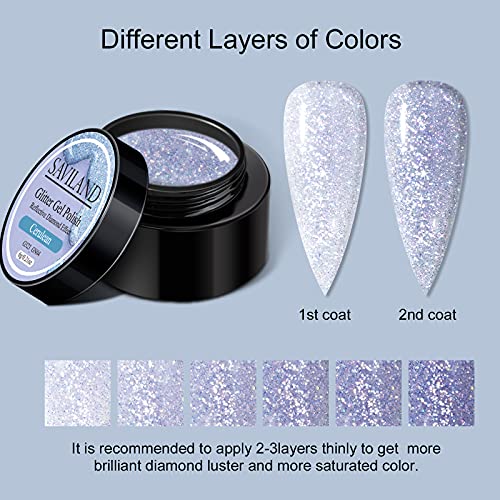 Saviland Reflective Glitter Gel Nail Polish Set - 6 Colors Super Flashing Diamond Gel Polish Set with Nail Brush, Purple Blue Black Sparkling Soa