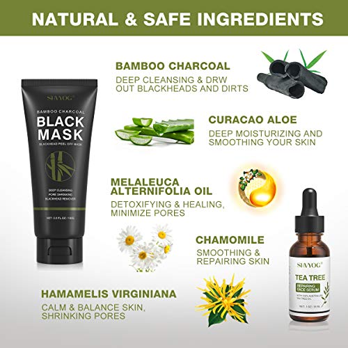 Blackhead Peel Off Face Mask, SHVYOG 3-in-1 Blackhead Remover Charcoal Mask with Brush & Tea Tree Serum, Purifying Deep Cleansing Black Mask for
