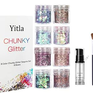 Yitla 8 Color face Glitter Cosmetic Glitter, for Body, Cheeks and Hair, Festival and Party Beauty Makeup - Includes Long Lasting Fix Gel and Brus