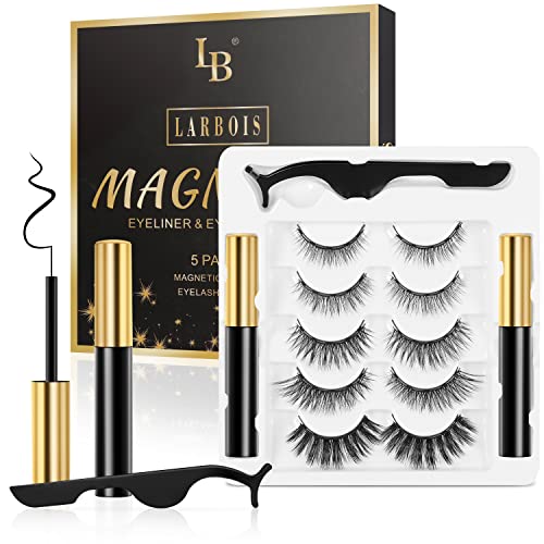 Magnetic Eyelashs Natural Look, Larbois 5 Paires with Eyeliner Kit, Self Adhesive&Reusable Fluffy Fake Eyelashes Set and Waterproof&Long Lasting