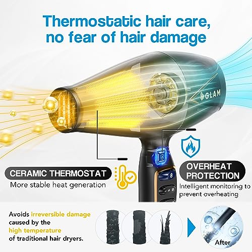 Professional Hair Dryer,GLAM hairdryer 2300W AC Motor fast Drying Salon Blow Dryer Ionic 3 heat 2 speed settings cold Button, with accessories Di
