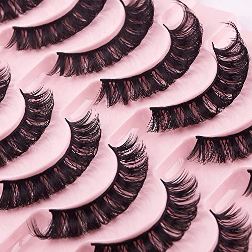 False Eyelashes Russian Strip Lashes Natural Fluffy Wispy D Curly 10 Pairs Reusable Fake Eyelashes Faux Mink Lashes Thick Short Soft Eyes Lash
