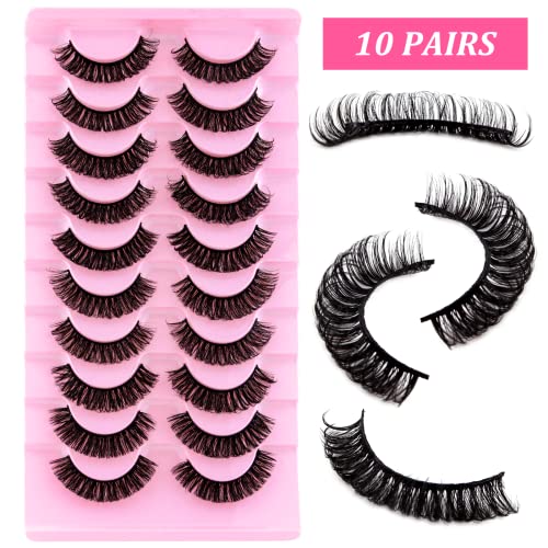 False Eyelashes Russian Strip Lashes D Curl Fluffy Wispy 10 Pairs Reusable Natural Look Faux Mink Volume Fake Handmade Thick Soft Long Dramatic E