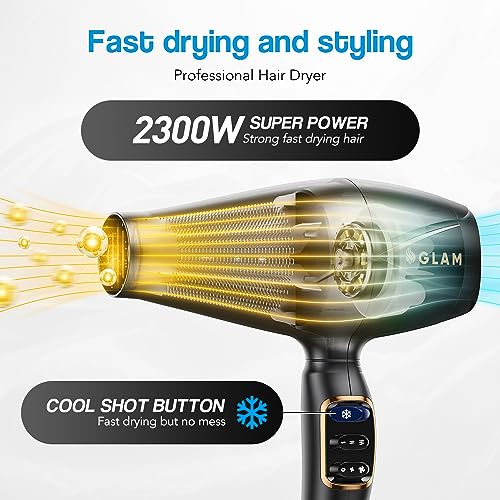 Professional Hair Dryer,GLAM hairdryer 2300W AC Motor fast Drying Salon Blow Dryer Ionic 3 heat 2 speed settings cold Button, with accessories Di