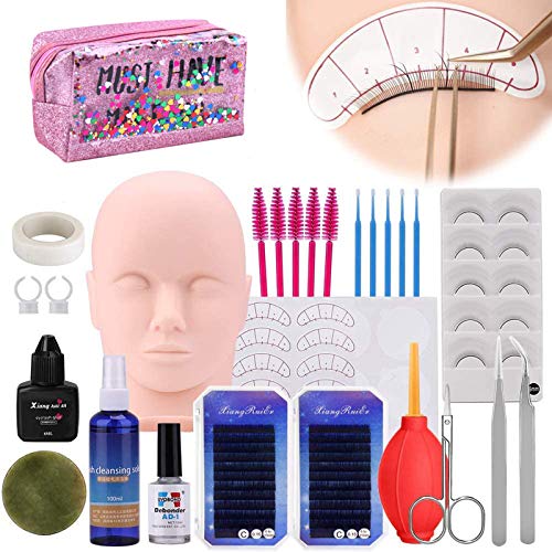 Eyelash Extension Kit, Professional DIY Lash Extension Kit Eyelash Mannequin Head with Cluster Lashes, Eyelash Extension Glue, Eyelash Tweezers,
