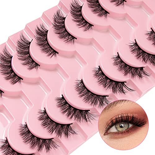 False Eyelashes Natural Look Half Lashes Short Wispy Clear Band Lashes Cat Eye 3D Faux Mink 3/4 Eye Lashes Fake Eyelashes Strip 10 Pairs Pack (A0