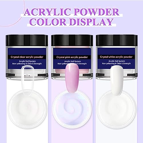 Acrylic Nail Kit - 3 Colors Acrylic Powder Set - Clear White Pink Acrylic Nail Powder for Acrylic Nails Extension Beginner Kit