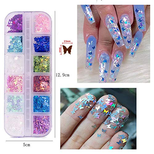 Kalolary Butterfly Nail Sequins,Nail Dried Flowers, Shiny Foil Nail Shavings, Nail Art Rhinestone with Tweezers Nail Art Rhinestone Picker Pencil