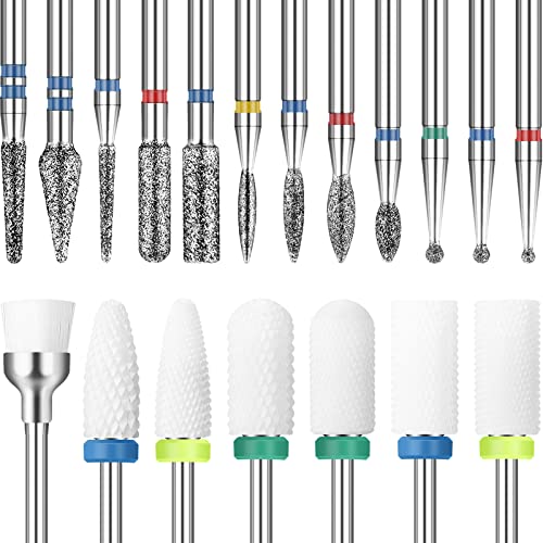 19 Pieces Nail Drill Bits Set Acrylic Nail Bits Ceramic Efile Nail Drill Bit Diamond Cuticle Electric Nail File Carbide Cuticle Remover Bits for
