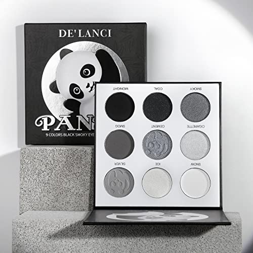 DE’LANCI PANDA Black Smokey Eyeshadow Palette Makeup,9 Colors Black Silver Gray White Eyeshadow Makeup Palette,Highly Pigmented Gothic Makeup Mat