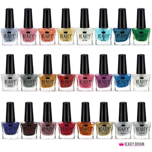 Beauty4Britain 24 x Glitter Nail Polish Set 24 Distinctive Shades 5 ML Contrasting Black Caps UK Seller