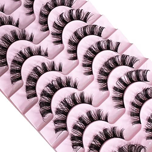 CNMTCCO False Eyelashes 10 Pairs Russian Strip Lashes Natural Fluffy Wispy D Curly Faux Mink Lashes Thick Short Soft Eyes Lash Reusable Fake Eyel