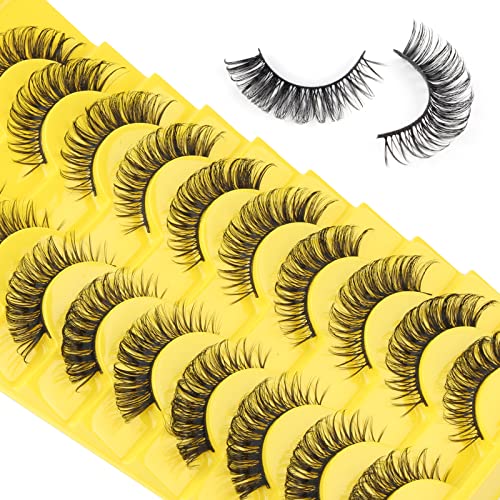 False Eyelashes Natural Look Russian Strip Lashes Faux Mink D Curl Fake Eyelashes Wispy Fluffy Volume 3D Effect Cat Eye Lashes Reusable Handmade