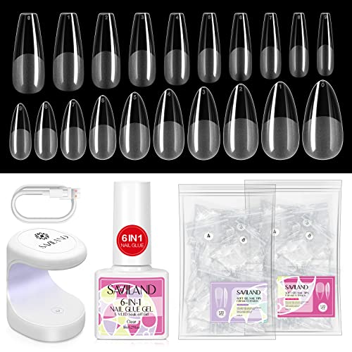 Saviland Extension Gel Nail Kit 240PCS Medium Almond & Medium Square Clear Full Cover Soft Gel Nails Tips 6-in-1 Nail Glue Gel Fake Nails Extensi