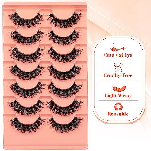False Eyelashes Cat Eye Lashes 14mm DD Curl Russian Lashes Natural Strip Lashes Fluffy Eyelashes Russian Strip Lash Volume Fake Lashes 7 Pairs by