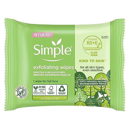 Simple Kind to Skin Exfoliating Biodegradable Facial Wipes gently removes dirt, make-up and exfoliates dead skin cells for sensitive skin 20 wipe