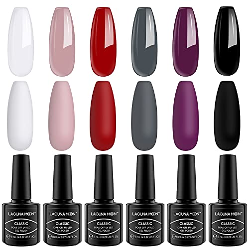 LagunaMoon™ Gel Nail Polish Set - 6 Colours Red Purple Grey Black White Pink Pigmented High-Shine Kit Gel Polish for Salon Quality DIY Nails - UV