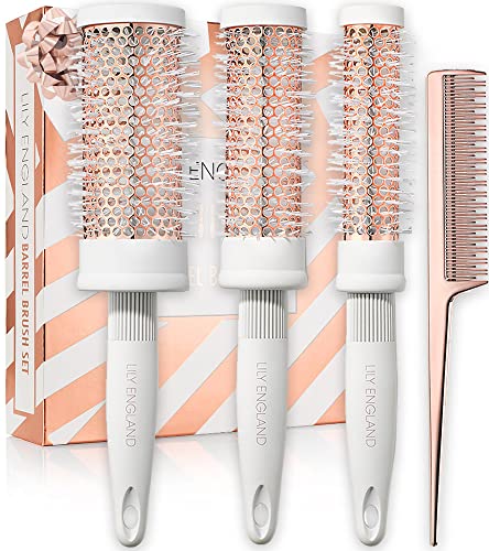 Round Brush Set for Women - Round Barrel Hair Brushes and Tail Comb for Blow Drying - Blow Dry Hairbrush For Women - White & Rose Gold by Lily En