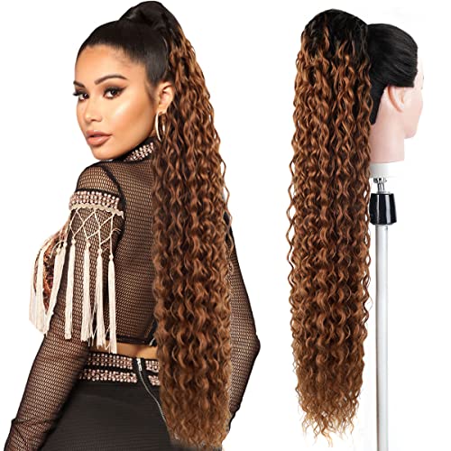 Drawstring Ponytail Extension, 30 inch Long Curly Ponytail Hair Extension Synthetic Hairpiece for Women(1B#, 30 inch)