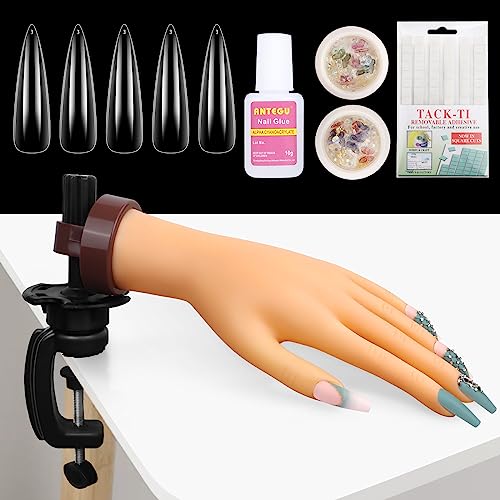 Deciniee Practice Hand for Acrylic Nails, Flexible Nail Practice Hand with 240 Pcs Nail Tips, Silicone Practice Nail Hand, Fake Hand with Stand f