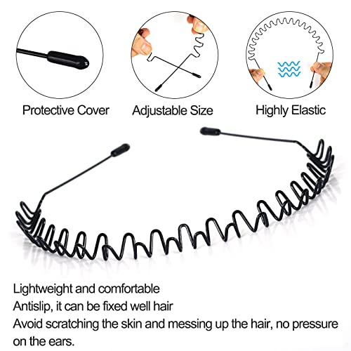 Metal Headband Mens Hair Band Non-Slip Sports Hair Hoop for Men Black Wavy Fashion Hair Band for Outdoor Weddings (6 PCS)