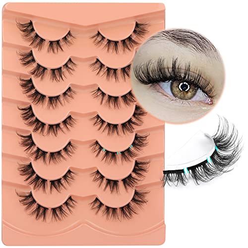 False Eyelashes Cat Eye Lashes 14mm DD Curl Russian Lashes Natural Strip Lashes Fluffy Eyelashes Russian Strip Lash Volume Fake Lashes 7 Pairs by