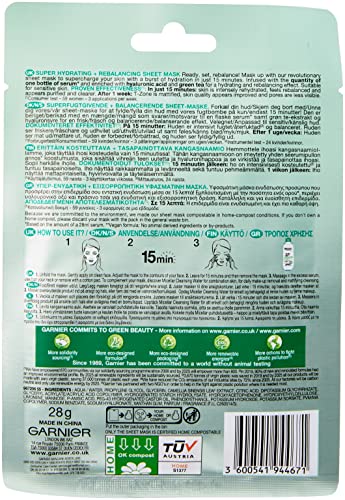 Garnier Moisture Bomb Green Tea and Hyaluronic Acid Sheet Mask, Hydrating & Rebalancing Face Mask, For Sensitive Skin, Biodegradable and Vegan Ti