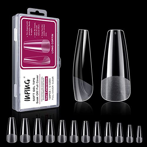 INPING No File Nail Tips, 240PCS Soft Gel Full Cover Nail Tips, Double-Sided Matte Pre-Buff Break Resistant Short Gel Tips for Nail Extensions, F