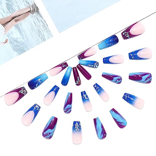 Brishow Coffin False Nails Long Fake Nails Sequin Press on Nails Blue Purple Marble Ballerina Acrylic Stick on Nails 24pcs for Women and Girls
