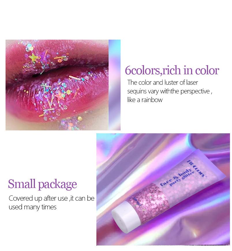 Body Glitter Gel, 50ML Face Glitters Body Gel Sequins Shimmer Liquid Eyeshadow, Mermaid Sequins Liquid Holographic Glitter Gel, Chunky Glitter fo