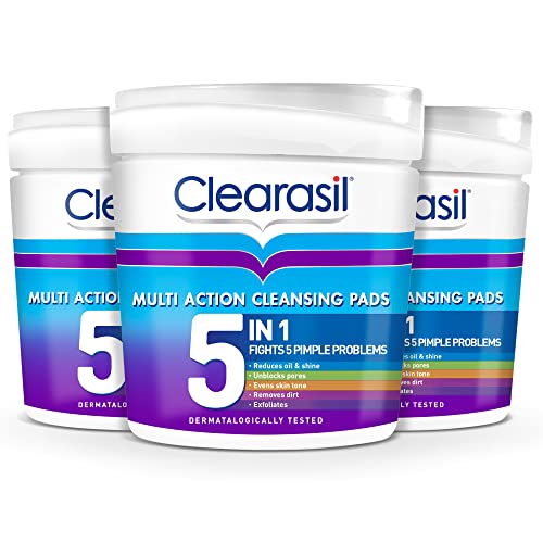 Clearasil 5-In-1 Multi-Action Cleansing Salicylic Acid Pads, Face Exfoliating For Acne Prone Skin, Unblock Pores, Reduces Blackheads, Pimples & E