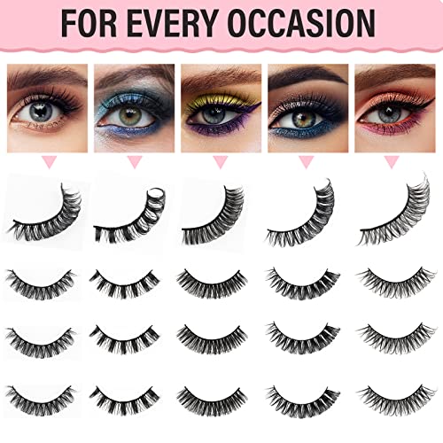 False Eyelashes Russian Strip Lashes D Curly Natural Wispy Fluffy 3D Effect Hybrid Strip Lashes Fake Eyelashes 10 Pairs Pack with 2 Self-adhesive
