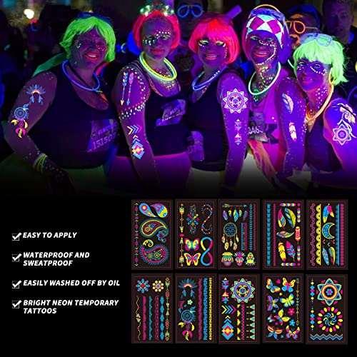 Neon Temporary Tattoo - 120+ Assorted Designs Glow in the Dark Neon Temporary Tattoo, UV Blacklight Neon Glow Fake Tattoos Rave Festival Accessor