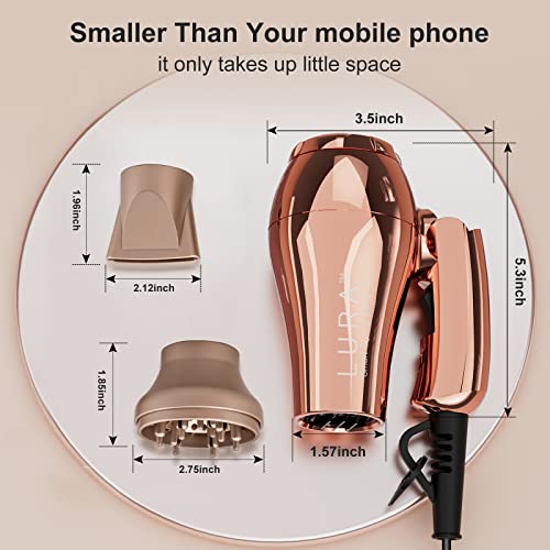 LURA Travel HairDryer Dual Voltage 1000W Blow Dryer with Diffuser UK Plug Mini Hairdryer with Folding Handle Small Hairdryer with Concentrator Tr