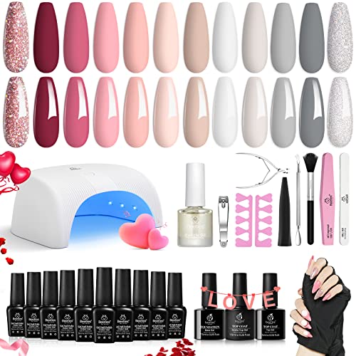 Beetles Gel Nail Polish with U V Light Starter Kit, 12 Colors Spring Pastel Gel Polish with Base Gel Top Coat Cuticle Oil, Soak Off Macaroon Gel