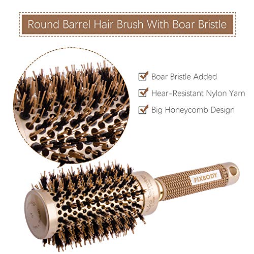FIXBODY Round Barrel Nano Thermal Ceramic Coating & Ionic Tech Hair Brush with Boar Bristles, for Hair Blow Drying, Styling, Curling, Straighteni
