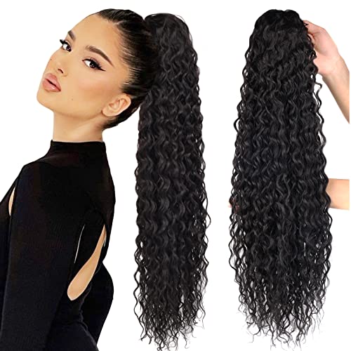 Drawstring Ponytail Extension, 30 inch Long Curly Ponytail Hair Extension Synthetic Hairpiece for Women(1B#, 30 inch)